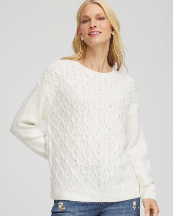 Chicos Embellished Cable Knit Sweater - ENGLISH CREAM