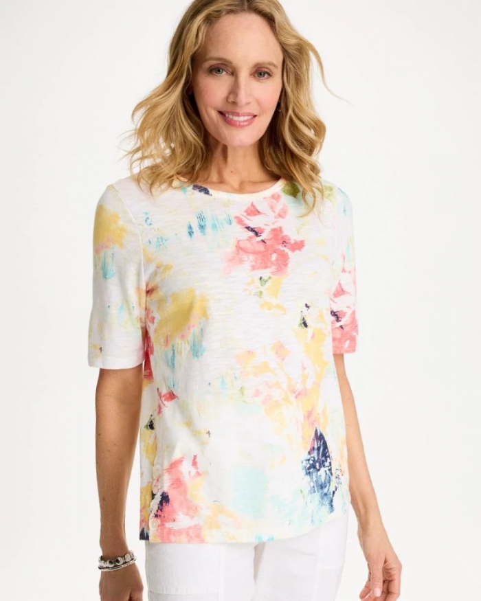 Chicos Cotton Slub Printed Henley Tee - BONDI BLUE