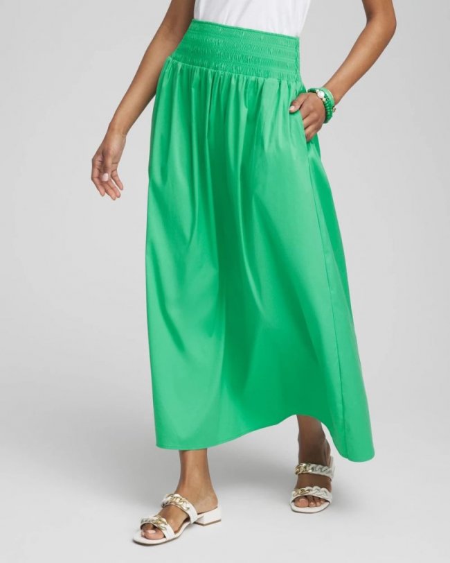 Chicos Poplin Smocked Waist Skirt - GRASSY GREEN