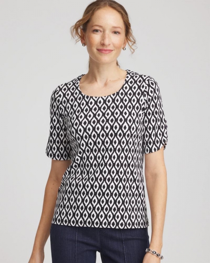 Chicos Printed Pima Elbow Sleeve Tee - BLACK
