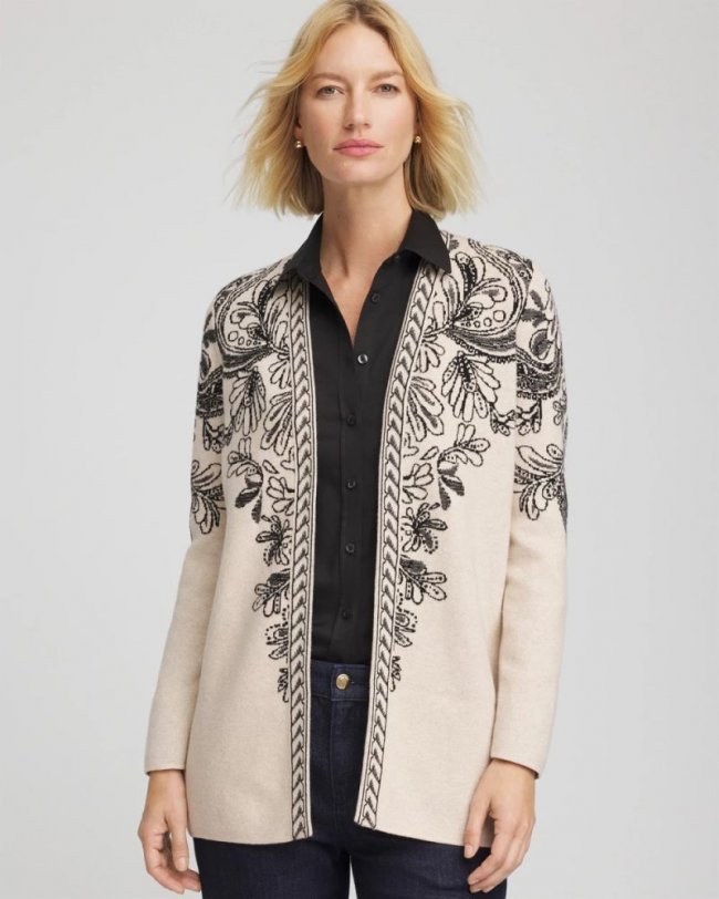Chicos Jacquard Cotton-Blend Cardigan - CHAMPAGNE FIZZ