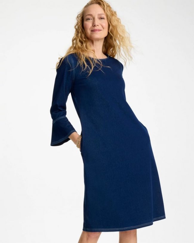 Chicos Bell Sleeve Knit Denim Dress - INDIGO