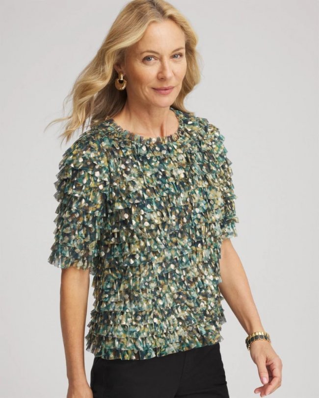 Chicos Foiled Mesh Ruffle Crop Tee - DARKEST SPRUCE Chicos Foiled Mesh Ruffle Crop Tee - DARKEST SPRUCE