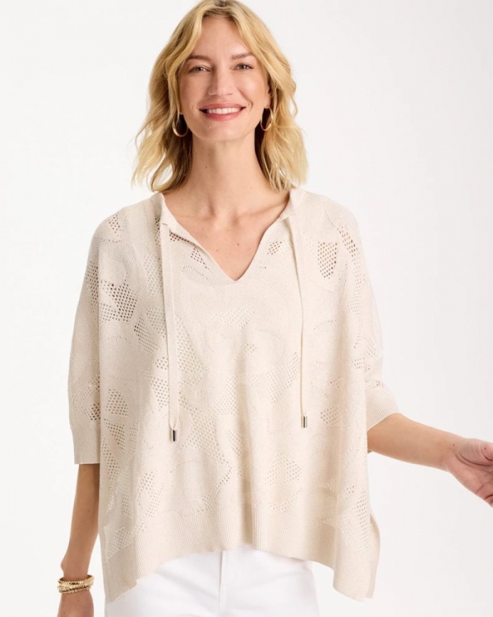 Chicos Crochet Lace Notch Neck Poncho - ECRU