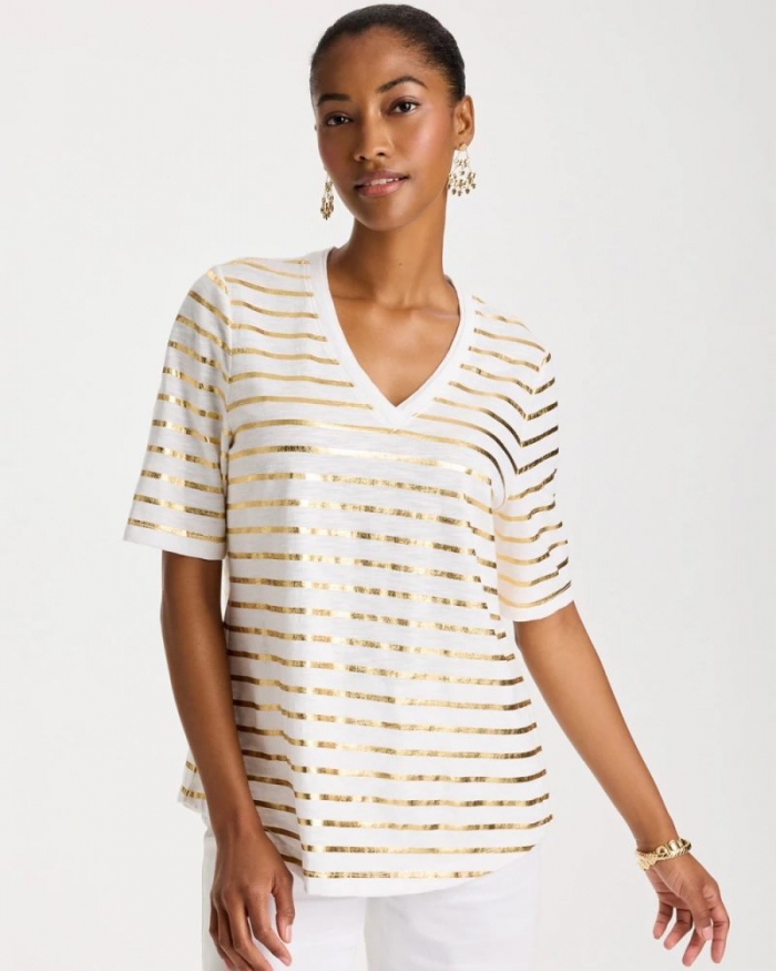 Chicos Striped Cotton Slub V-Neck Tee - ALABASTER
