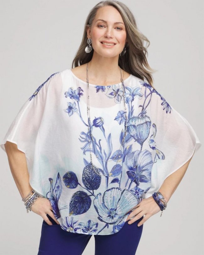 Chicos Woven Butterfly Print Poncho - ALABASTER