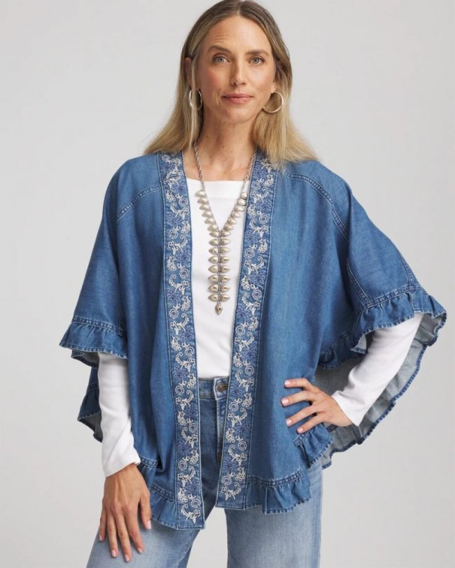 Chicos Embroidered Denim Ruffled Ruana - FREYA INDIGO