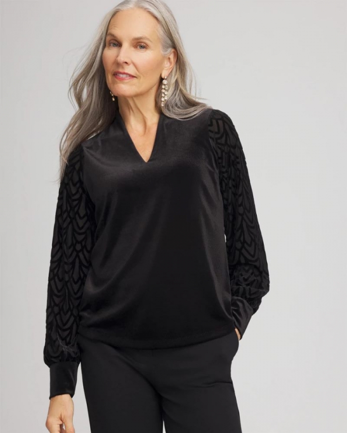 Chicos Art Deco Velvet Burnout Top - BLACK