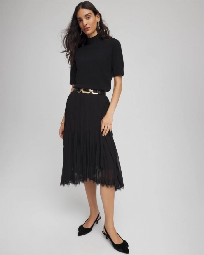 Chicos Pleated Lace Hem Midi Skirt - BLACK