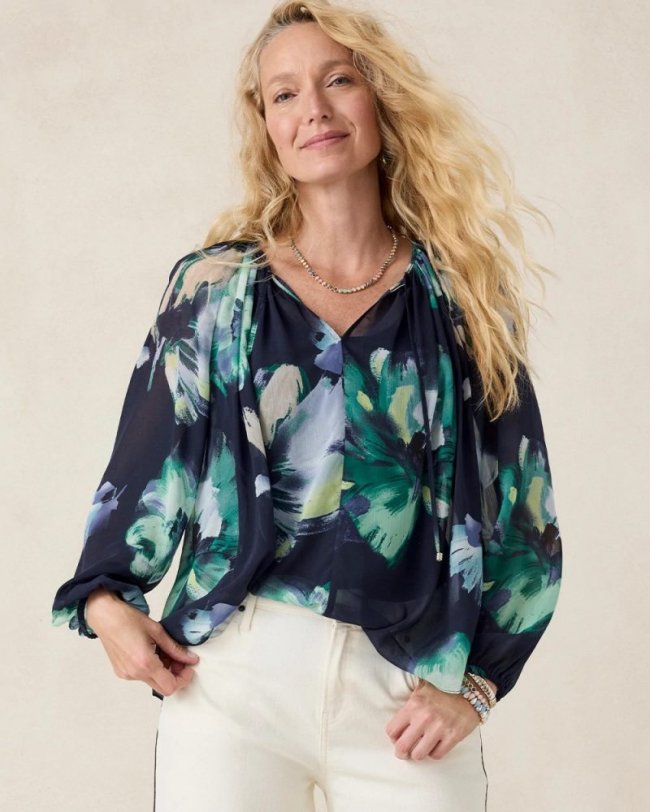Chicos Crinkle Chiffon Tie-Front Blouse - PASSPORT BLUE
