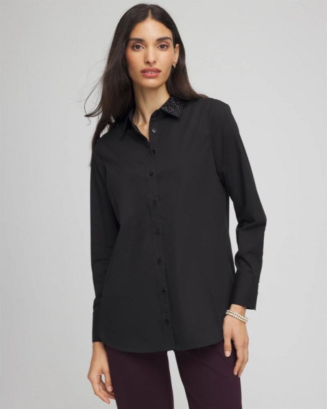 Chicos Tonal Jewels Poplin Shirt - BLACK