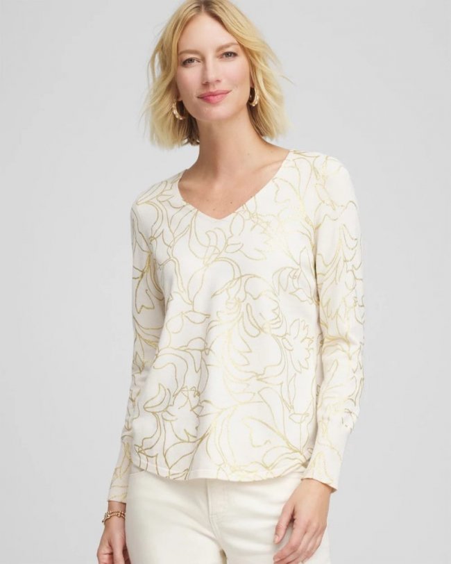 Chicos Ella Foiled V-Neck Sweater - ENGLISH CREAM