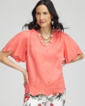 Chicos Linen Embroidered Hem Blouse - MELON MAMBO Chicos Linen Embroidered Hem Blouse - MELON MAMBO