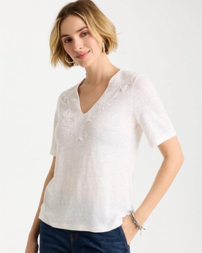 Chicos Flora Lace V-Neck Tee - ALABASTER