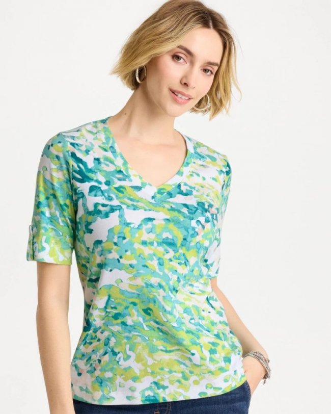 Chicos Pima Printed Elbow Sleeve Tee - BONDI BLUE