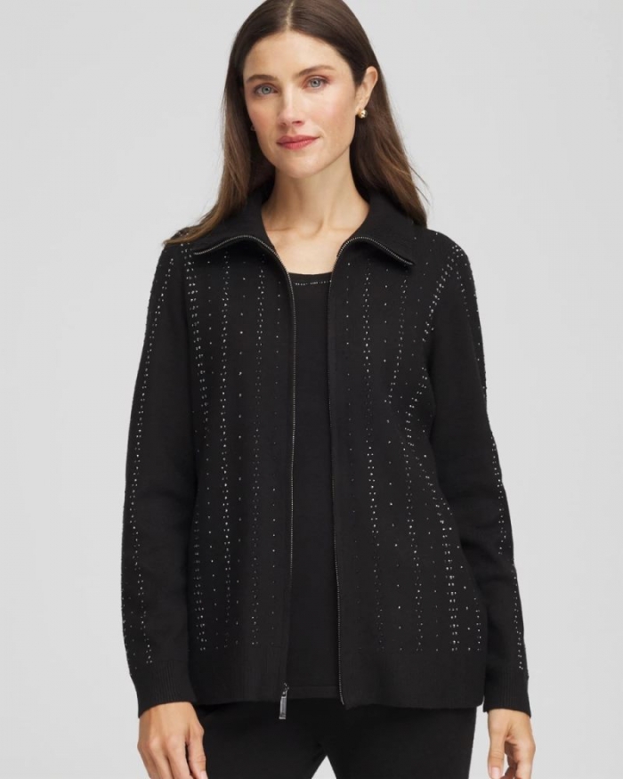 Chicos Zenergy® Luxe Diamante Zip Cardigan - BLACK