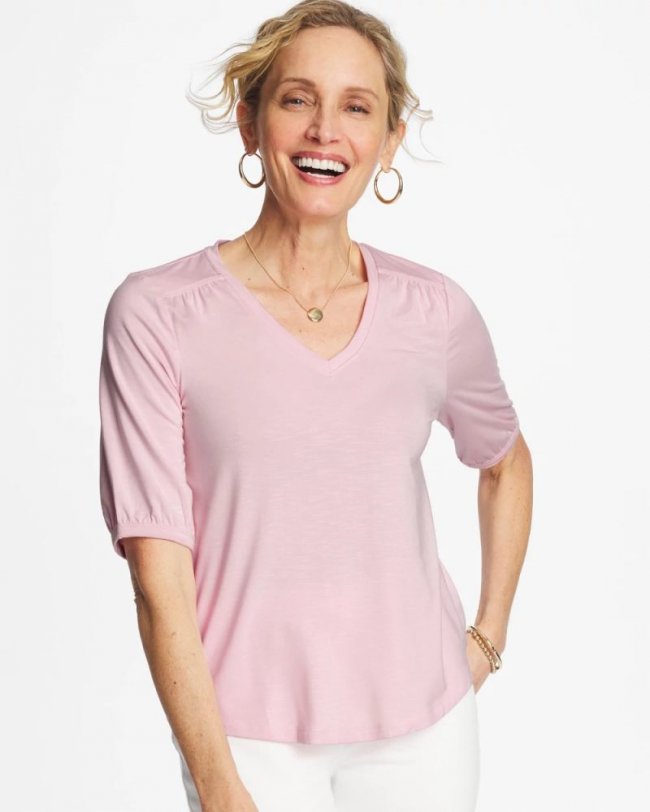 Chicos Shirred Elbow Sleeve Tee - SWEET BLOSSOM