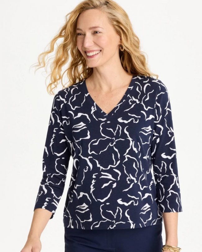 Chicos Maya Cotton Stretch 3/4 Sleeve Tee - PASSPORT BLUE
