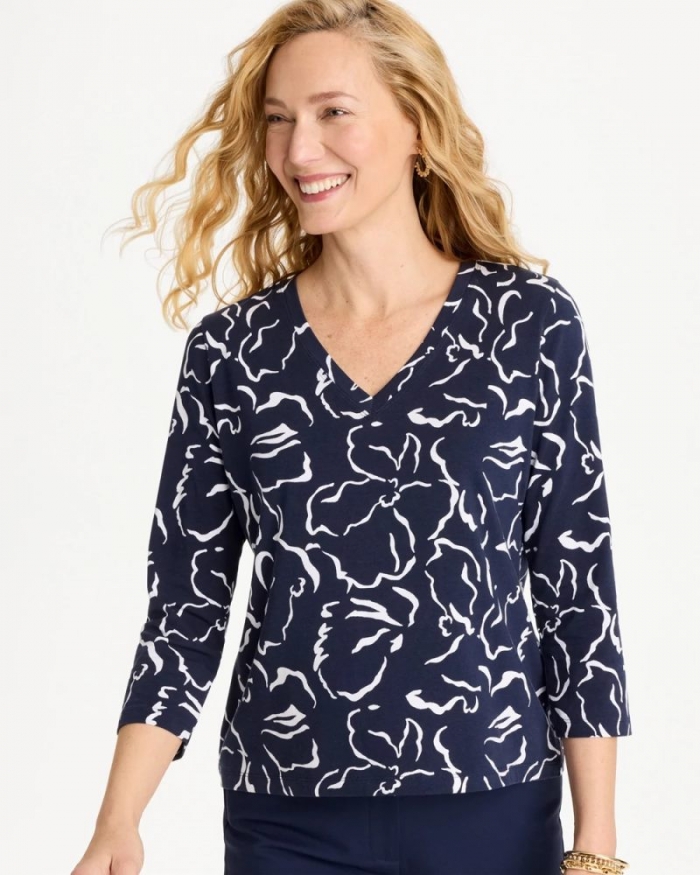 Chicos Maya Cotton Stretch 3/4 Sleeve Tee - PASSPORT BLUE
