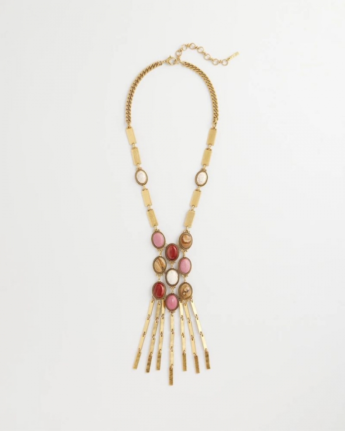 Chicos Rhodonite & Jasper Brass Statement Necklace - PINK