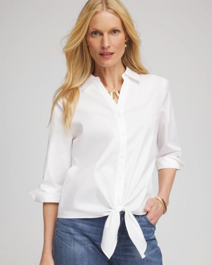 Chicos Poplin Cotton Tie-Front Top - ALABASTER