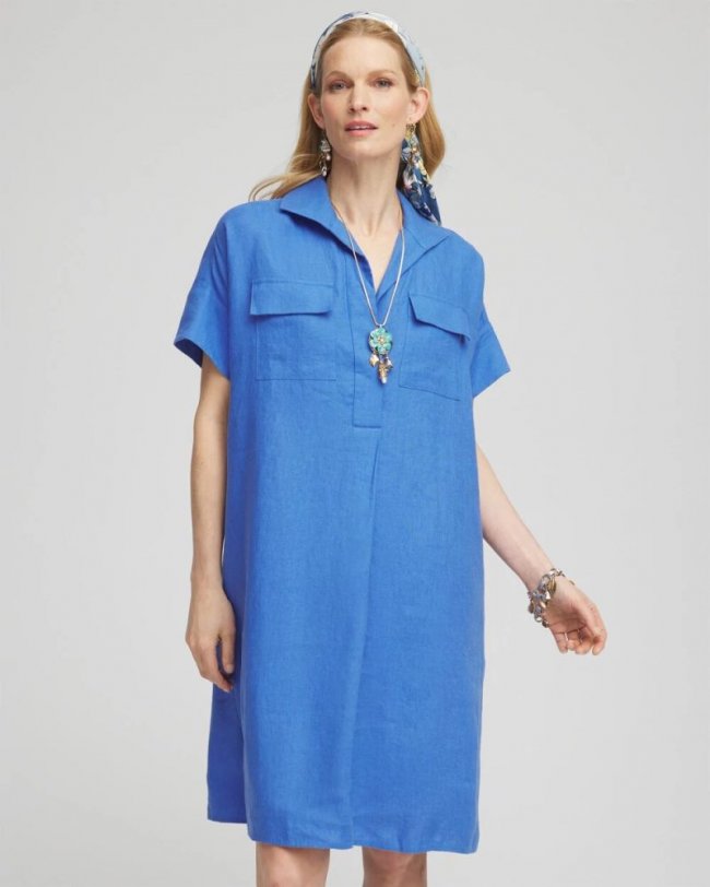 Chicos High-low Linen Shirtdress - BLUE PEARL