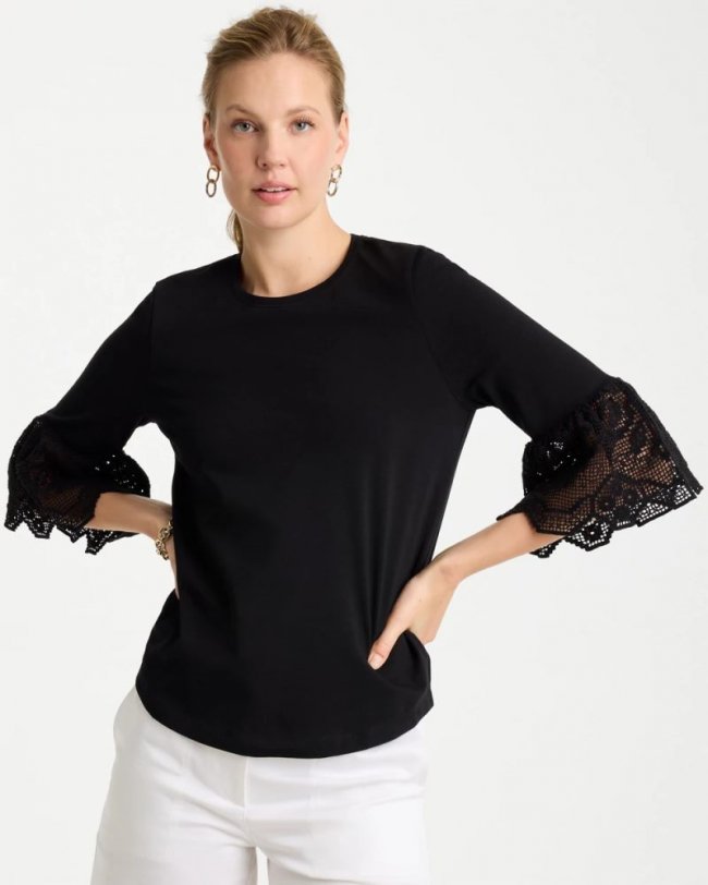 Chicos Cotton Lace Flutter Sleeve Tee - BLACK