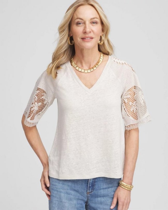 Chicos Linen Crochet Lace Short Sleeve Tee - RIVER ROCK