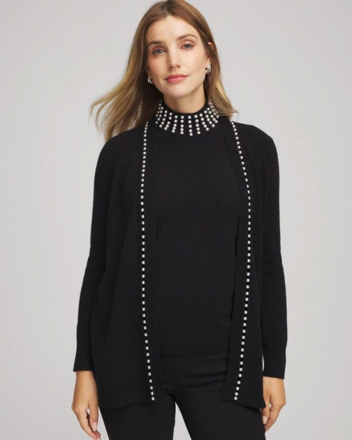 Chicos Cashmere Pearl-Trim Cardigan - BLACK