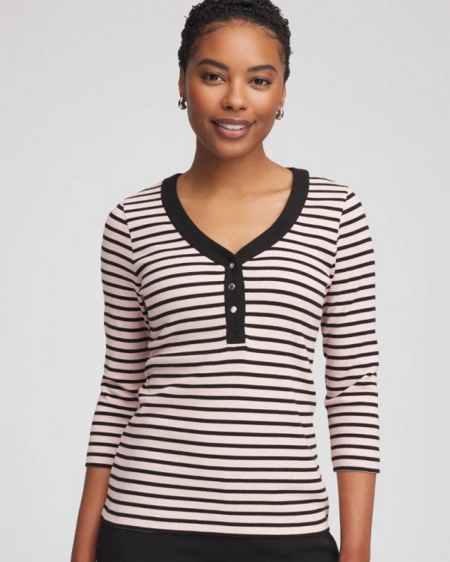 Chicos Zenergy® Ribbed Striped Henley Tee - ROSE SMOKE