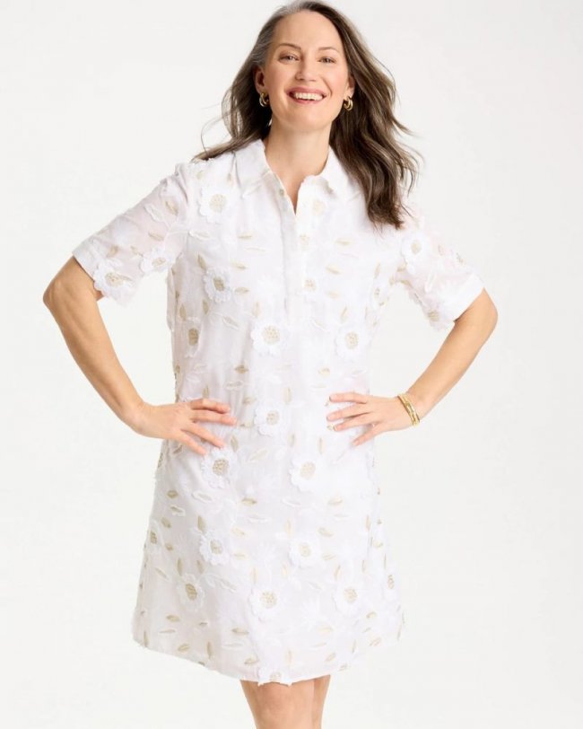 Chicos 3D Floral Embroidered Dress - ALABASTER