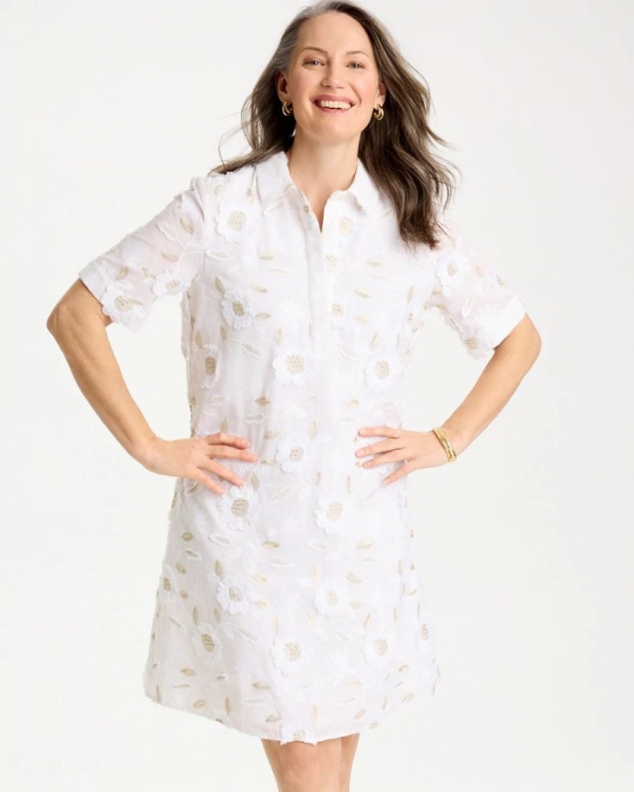 Chicos 3D Floral Embroidered Dress - ALABASTER