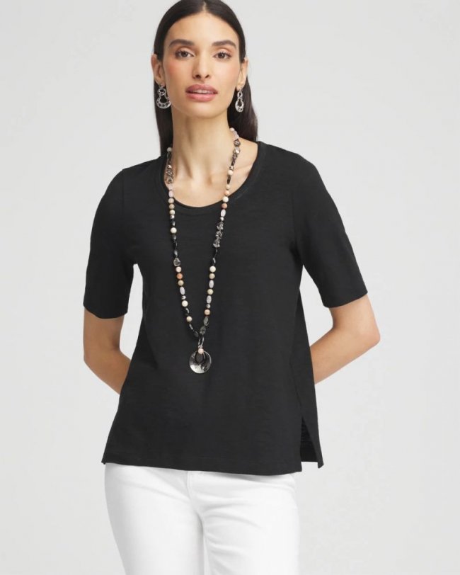 Chicos Slub Elbow-Sleeve Tee - BLACK