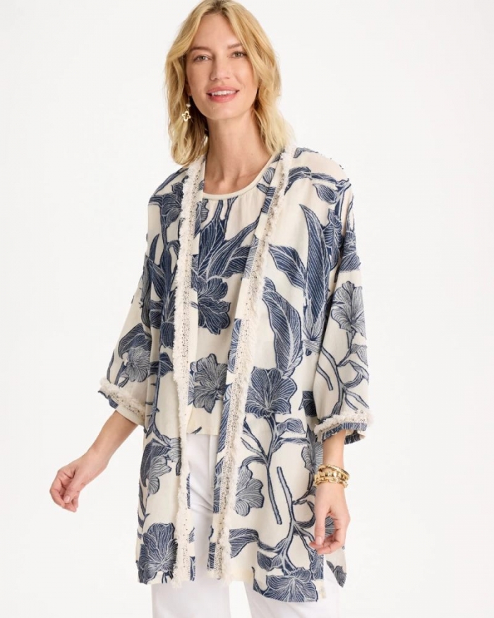 Chicos Cotton Jacquard Fringed Kimono - BLUE