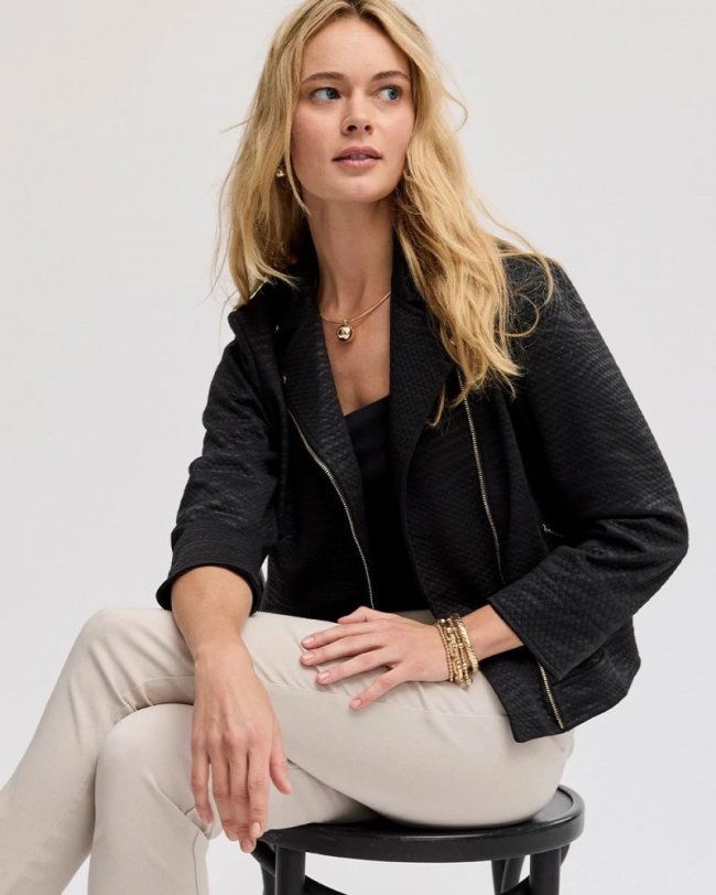 Chicos Embossed Knit Moto Jacket - BLACK
