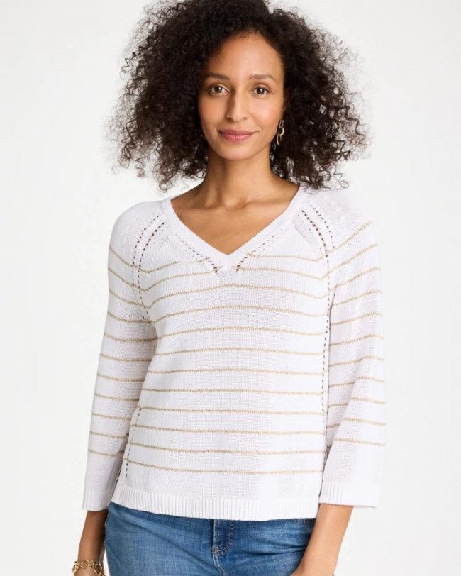 Chicos Metallic Striped Pullover Sweater - ALABASTER