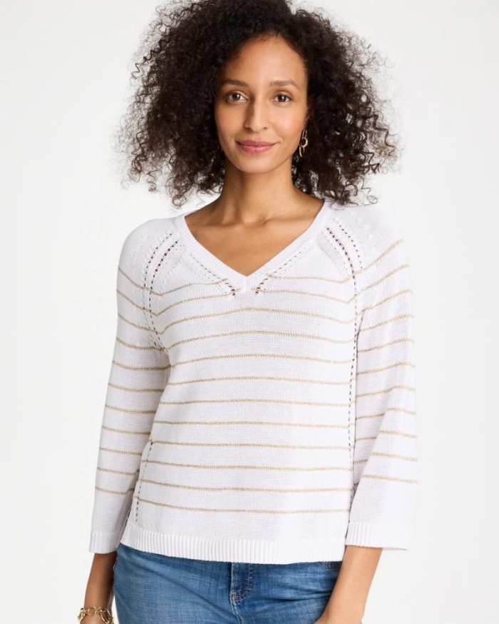 Chicos Metallic Striped Pullover Sweater - ALABASTER