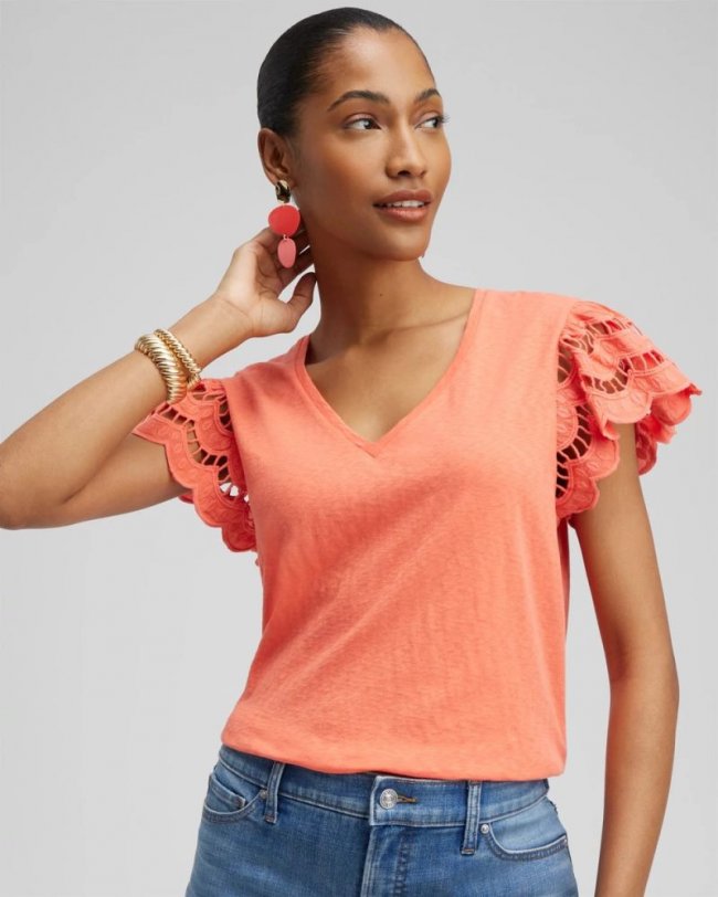 Chicos Tiered Eyelet Sleeve Top - NECTARINE