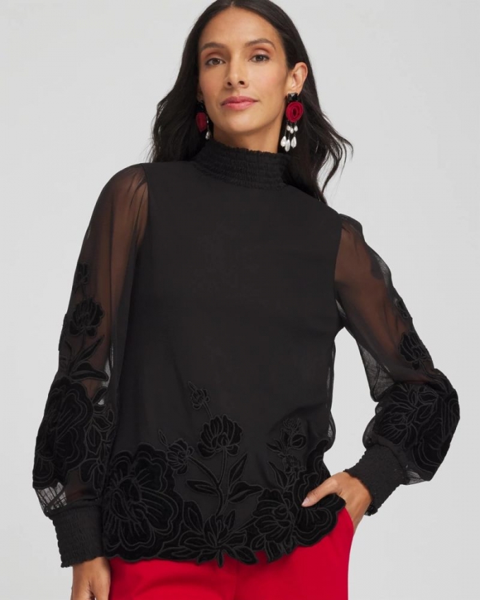 Chicos Sheer Mesh Velvet Appliqué Top - BLACK