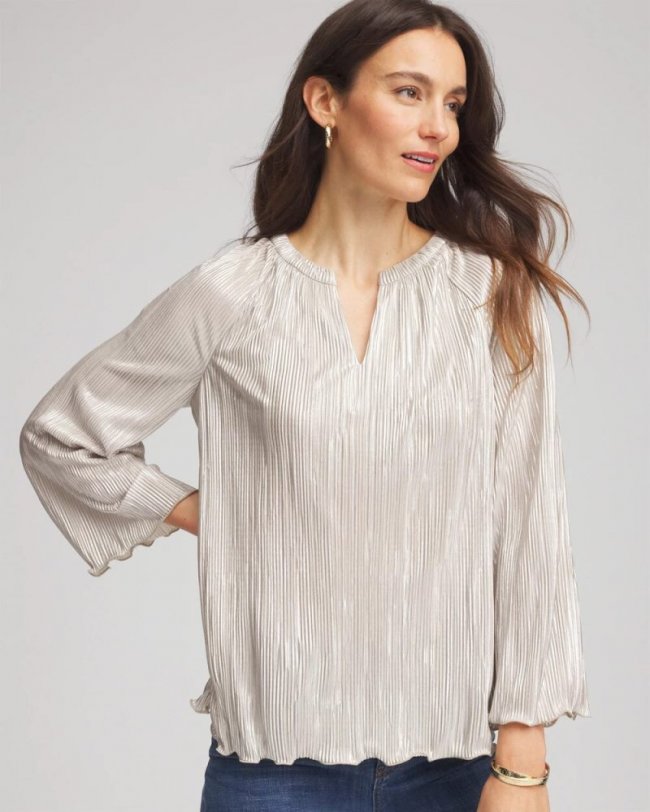 Chicos Foiled Pleated V-Neck Tee - CHAMPAGNE
