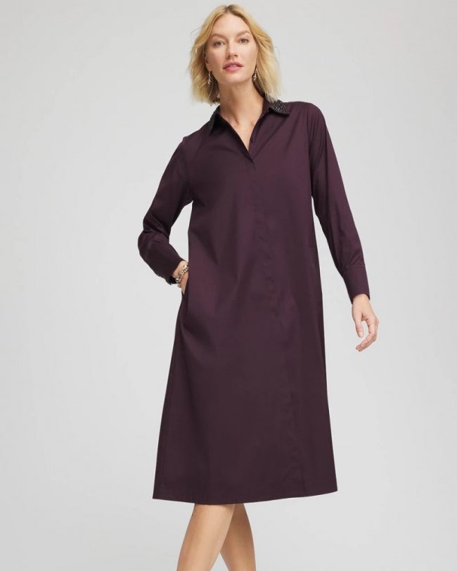 Chicos Sequin Collar Midi Shirtdress - NIGHT BLOOM