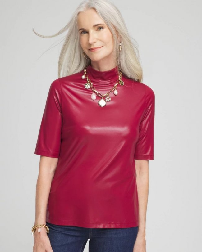 Chicos Faux Leather Mock Neck Tee - BERRY COMPOTE Chicos Faux Leather Mock Neck Tee - BERRY COMPOTE