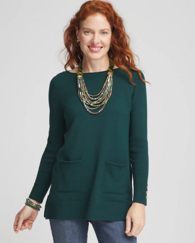 Chicos Pocket Sweater Tunic - ENCHANTED FOREST