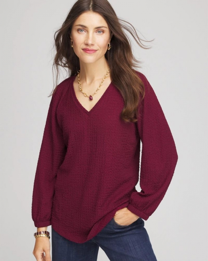 Chicos Textured Raglan V-Neck Top - DEEP CHIANTI