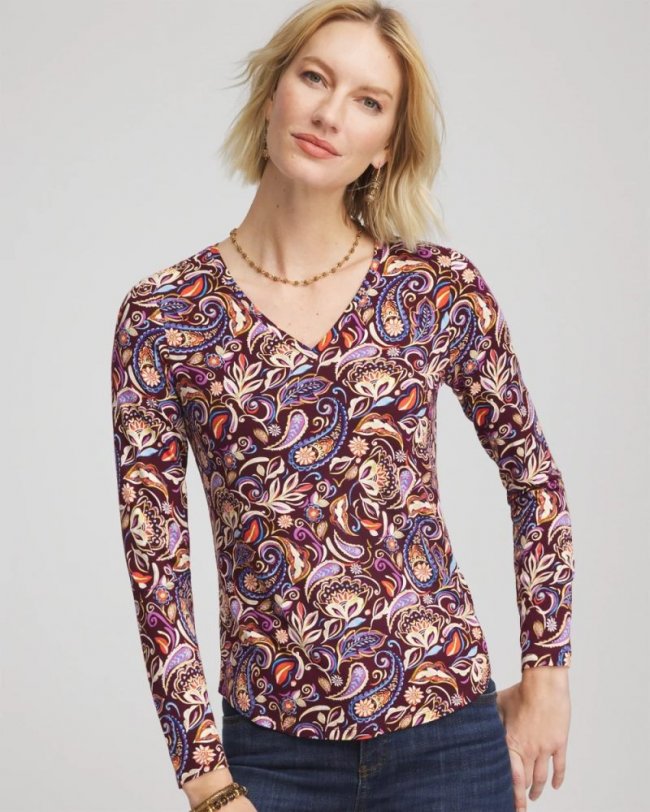 Chicos Paisley Touch of Cool™ V-Neck Layering Tee - DEEP CHIANTI