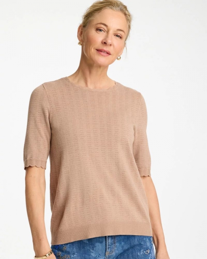 Chicos Ella Crewneck Pointelle Pullover Sweater - CATTAIL BROWN