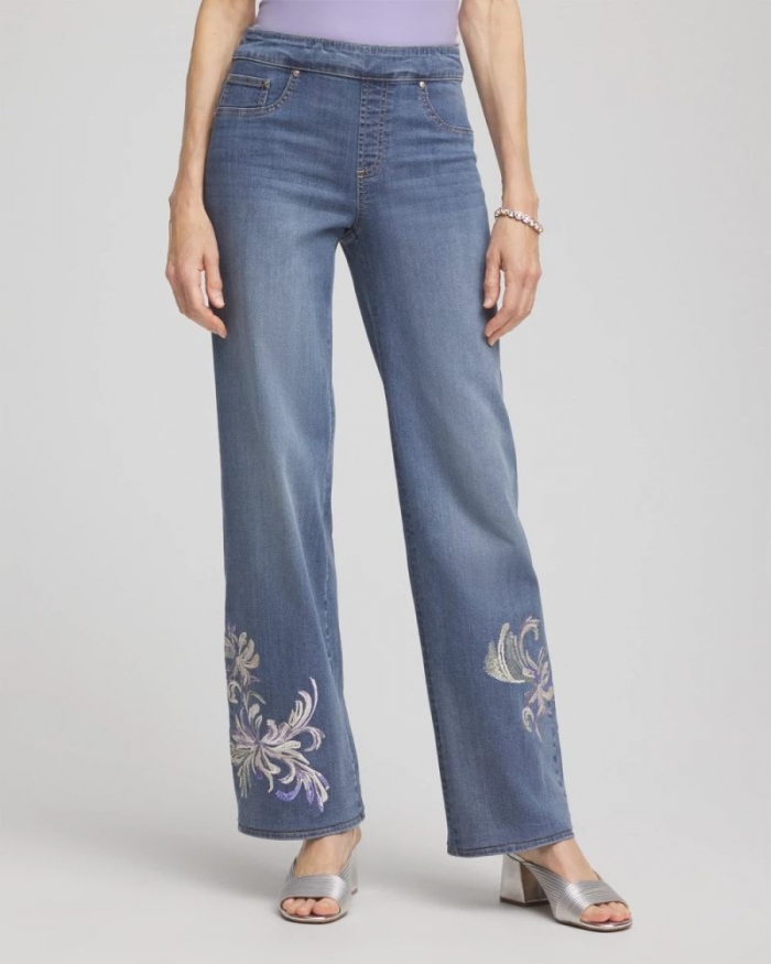 Chicos Embroidered Pull-On Wide-Leg Jeans - SORAYA INDIGO