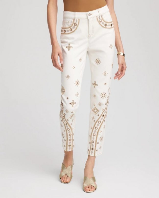 Chicos Embellished Girlfriend Slim Ankle Jeans - SEA SALT