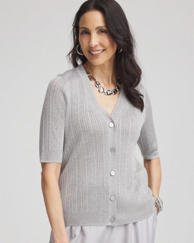 Chicos Metallic Ribbed Button-Up Cardigan - DOVE GRAY Chicos Metallic Ribbed Button-Up Cardigan - DOVE GRAY