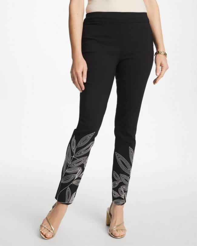 Chicos Floral Soutache Brigitte™ Slim Pull-On Ankle Pants - BLACK